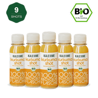 Kurkuma Shot Bundle with 9 bottles, organic, no additives, eco-friendly packaging.